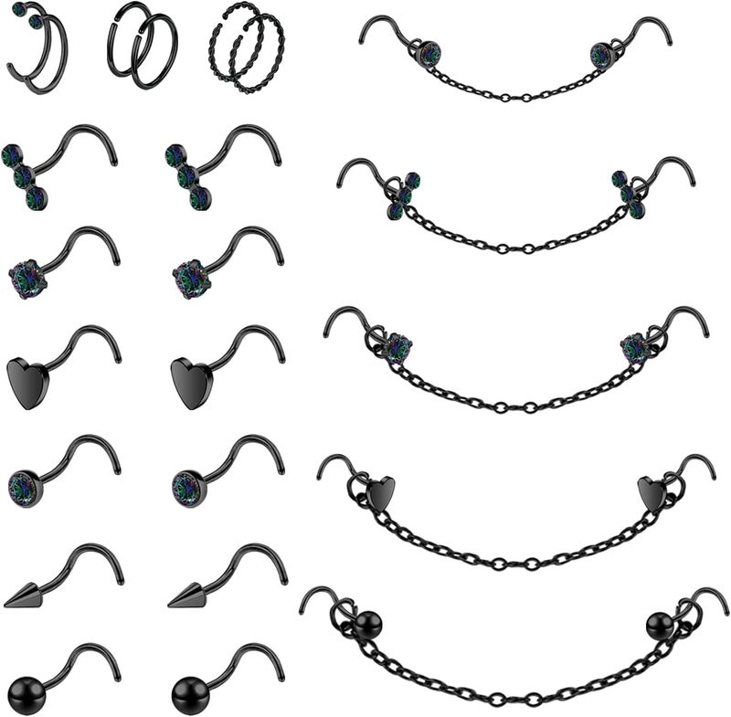 AccGin Store 20G Nose Rings Studs with Chain Piercing Across Double Nose Stud Nose Hoop Spike Heart Ball CZ Surgical Steel Nostril Piercing Jewelry for Women Men, Black Silver Gold - Image 1